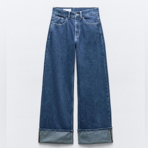 Zara WIDE LEG HIGH WAIST TURNED UP JEANS Blue - Picture 7 of 16